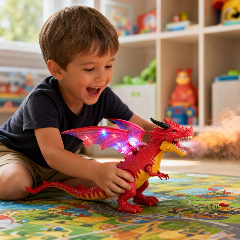 Brinquedo Dragão Lança Chamas Solta Fumaça Anda Luz Som Meninos Meninas
