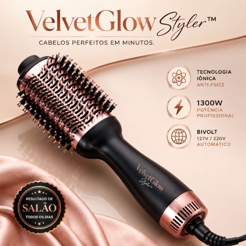 Escova Secadora Profissional 1300W Bivolt 3 em 1 Seca Alisa Modela Anti Frizz VelvetGlow Styler