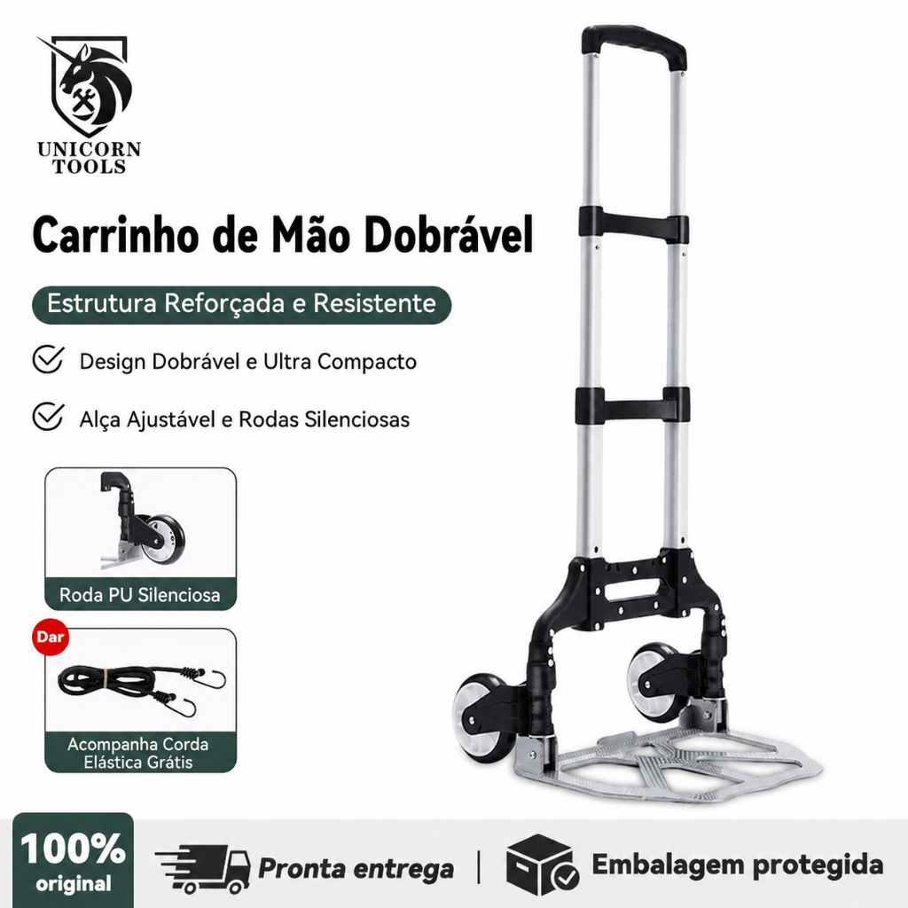 Unicorn Carrinho de Mão Dobrável 75kg com Roda PU Silenciosa + Corda Elástica Grátis