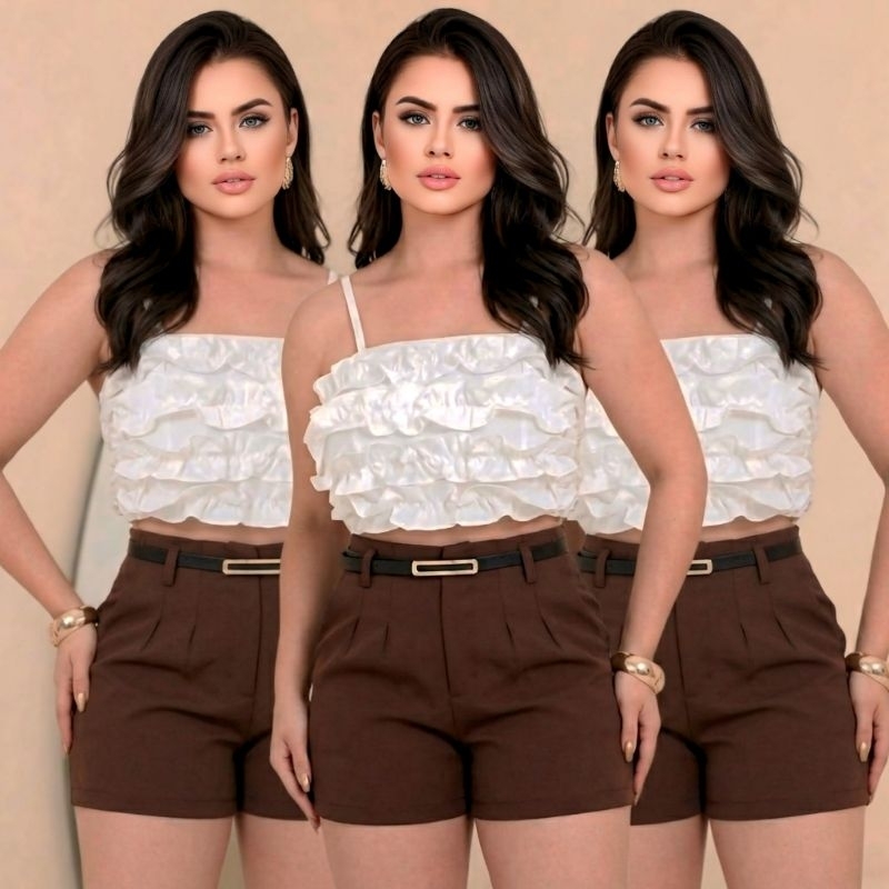 Short Feminino Alfaiataria Com Bolso Cinto Cintura Alta Social