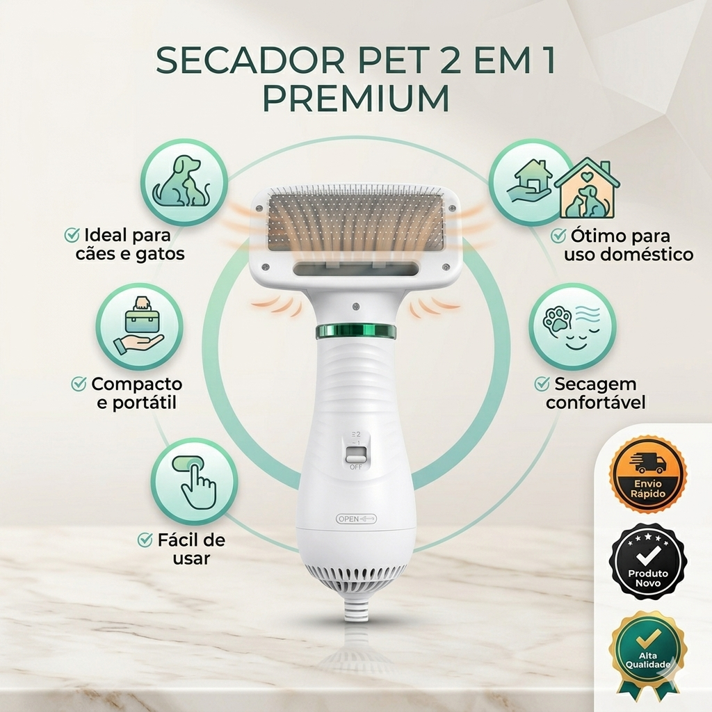 Secador Pet Cachorro Gato Escova Secadora 2 Em 1 Banho Tosa Profissional Silencioso 110V