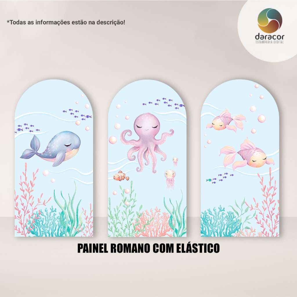 Trio Capas Painéis Verticais Fundo do Mar Romano c/ elástico e Retangular c/ overlock Face única Tam Diversos - R04