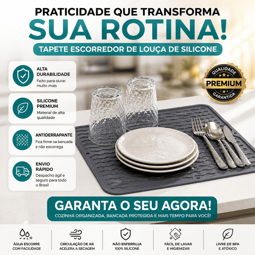 Tapete Escorredor de Louça Silicone Secagem Rápida Antiderrapante Antitérmico Descanso Panela Pia Cozinha