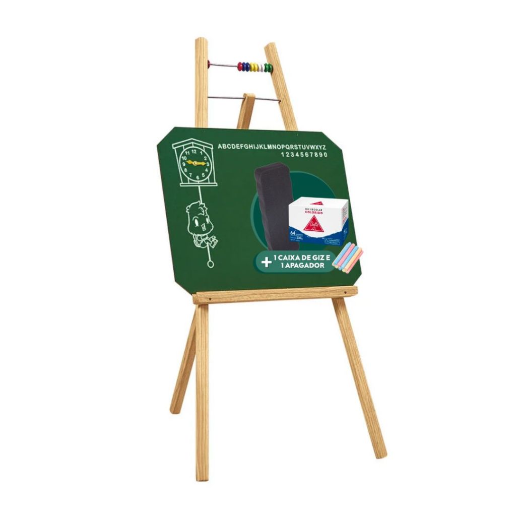 Lousa Giz Infantil Cavalete 80cm Verde + Giz colorido + Apagador