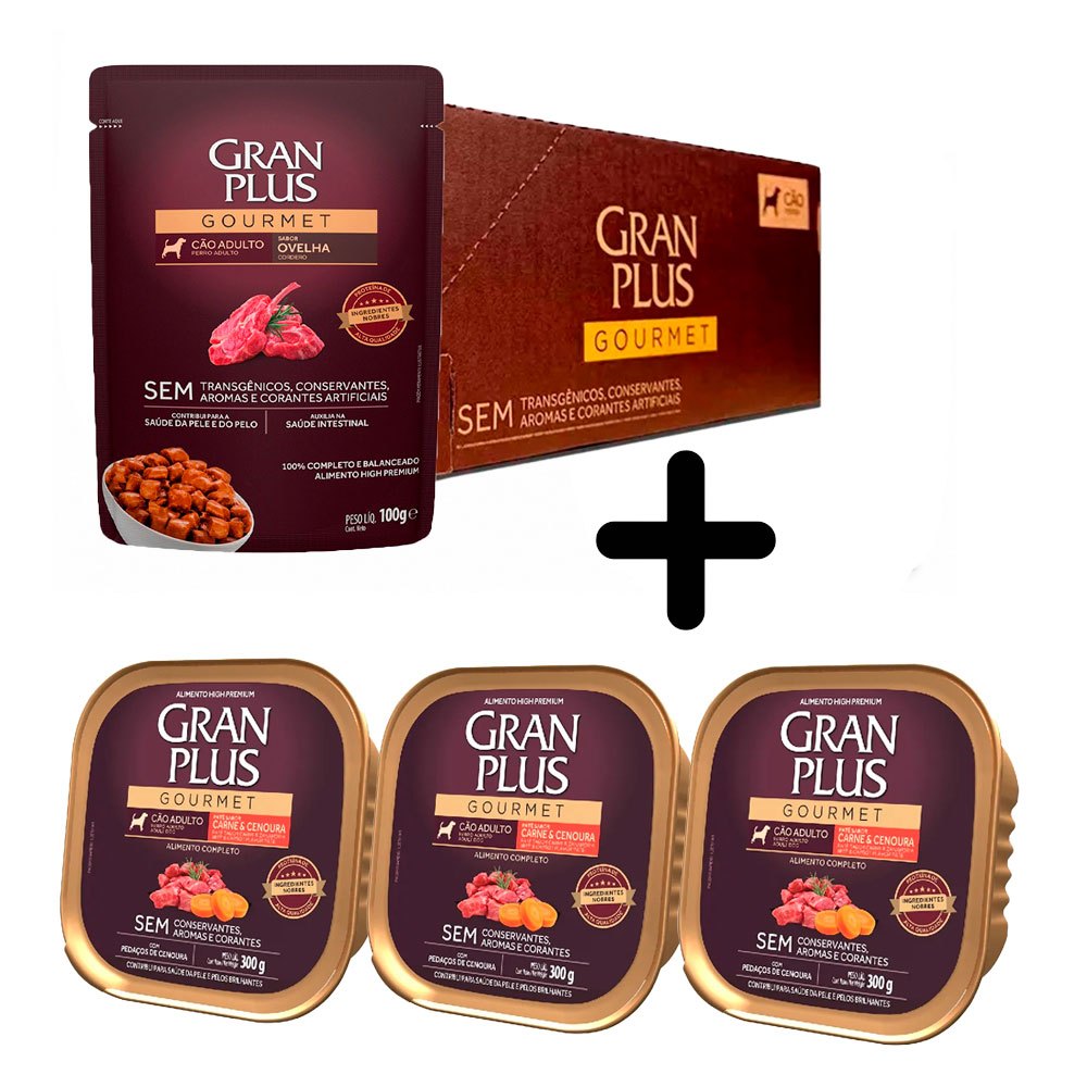 Kit 18un. Ração Úmida GranPlus Gourmet Cães Ovelha 100g + 3un Patê Carne e Cenoura 300g