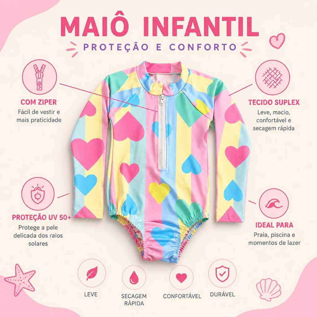 Maiô Infantil de Natação com Manga Longa e Proteção UV