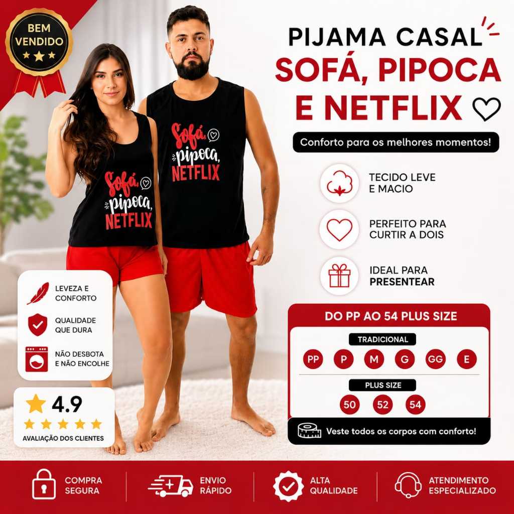 Pijama Casal Netflix PP ao Plus Size Kit 2 Adulto Em Malha Verão Masculino e Feminino Regata