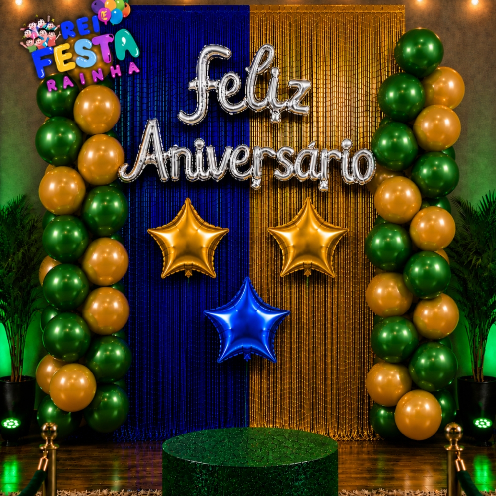 Kit Decoração Feliz Aniversário Copa do mundo 2 Cortinas + 20 Bexigas Latex + 3 Balões Estrela, hexa, Brazil,2026