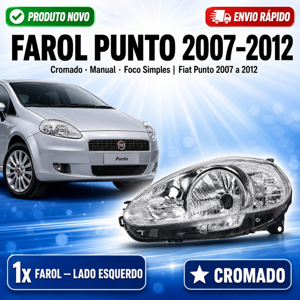 Farol Cromado Manual Soquete Quadrado Foco Simples para Punto 2007 a 2012 Esquerdo