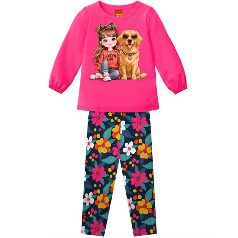 Conjunto Infantil Menina Kyly Inverno Meia Estação Blusa Manga Longa + Legging Estampada Confortável