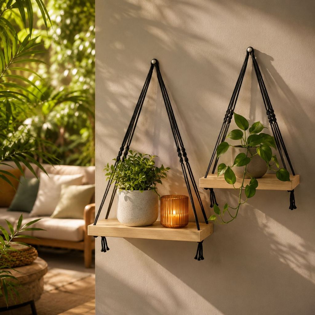 Prateleira Suspensa de Madeira 15x20cm para Plantas Parede Nicho Decorativo com Corda Natural