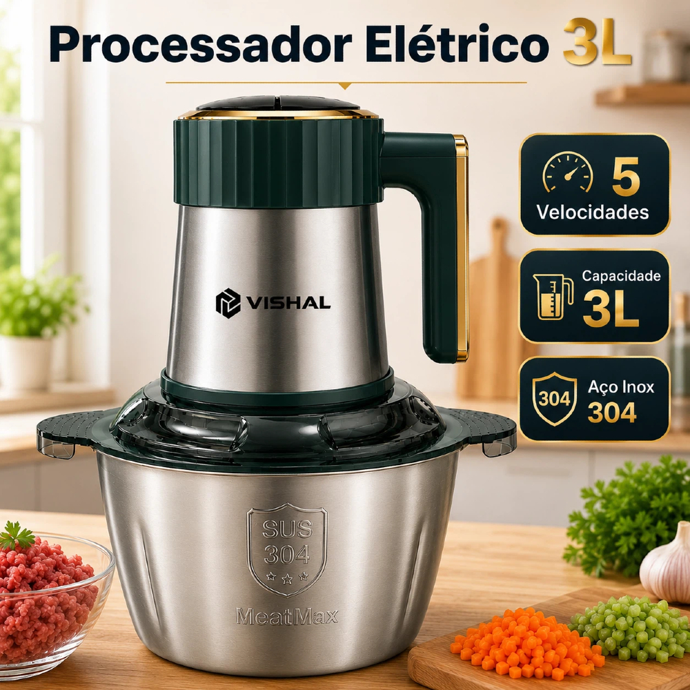Imagem 3 Litros Processador de Alimentos 5 Velocidades 110V/220V - Picador Triturador de Carne Mixer Elétrico Cozinha