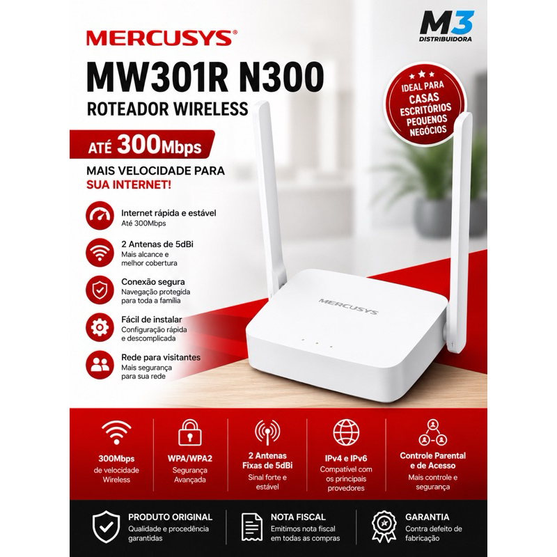 Roteador Mercusys Mw301r N300 300mbps Wi-fi 2 Antenas IPv6 Original