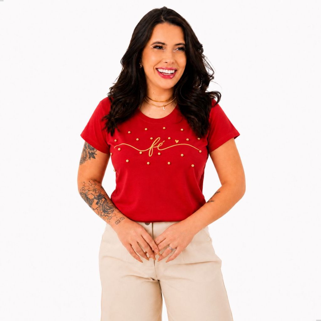 CAMISETA T-SHIRT FEMININA DE ALGODÃO FE CORACAO PEROLAS - VERMELHO RUBI