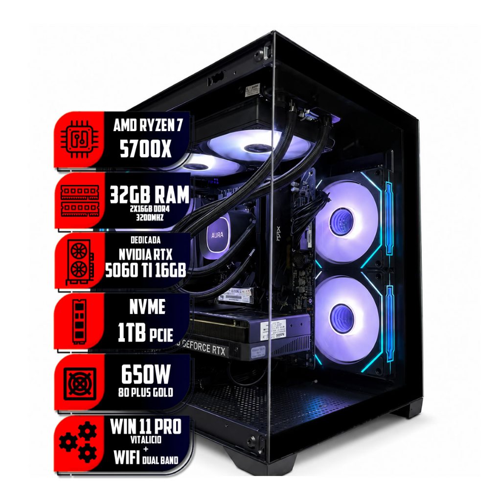 PC Gamer Uzumaki AMD Ryzen 7 5700X, B550M Aorus Elite, 32GB DDR4, NVME 1TB, RTX 5060TI 16GB, WiFi
