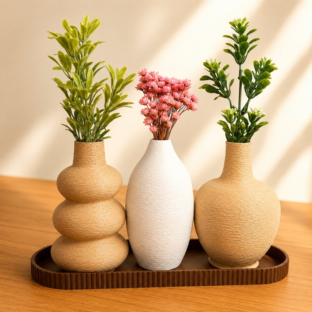 Kit 3 Vasos Boho Ôrganicos Nórdicos Decorativos Minimalista Japandi + Bandeja Decoração Moderna Centro de Mesa Estante