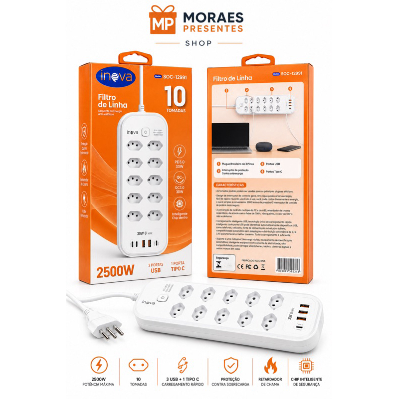 Filtro de Linha Ineva 10 Tomadas 2500W com 3 USB, 2 Tipo-C, proteção contra sobrecarga e carga rápida.