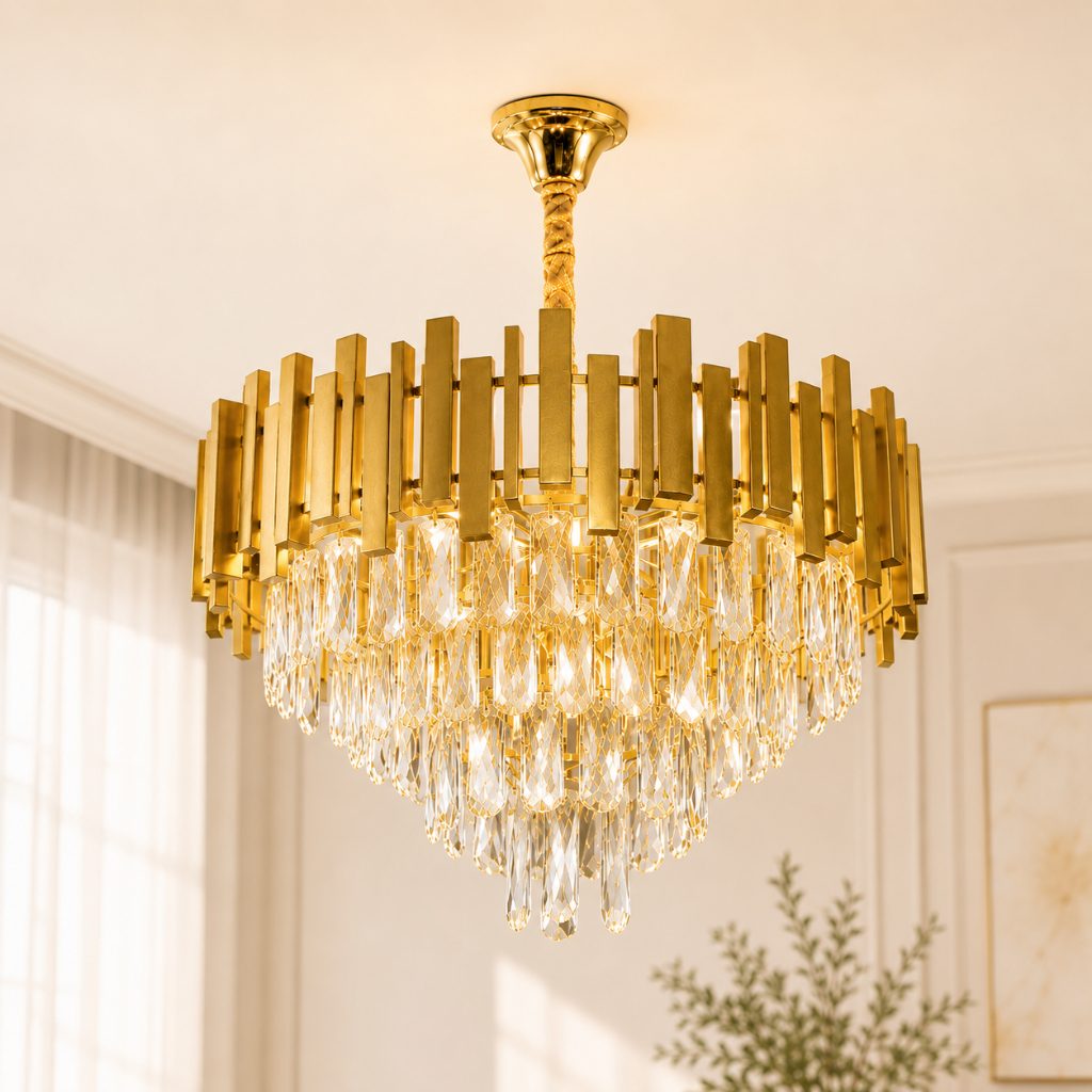 Lustre Luminária Pendente Sala Vana Gold 2 Dourado Cristal 6L E14 Bivolt 110V/220V Pronta Entrega