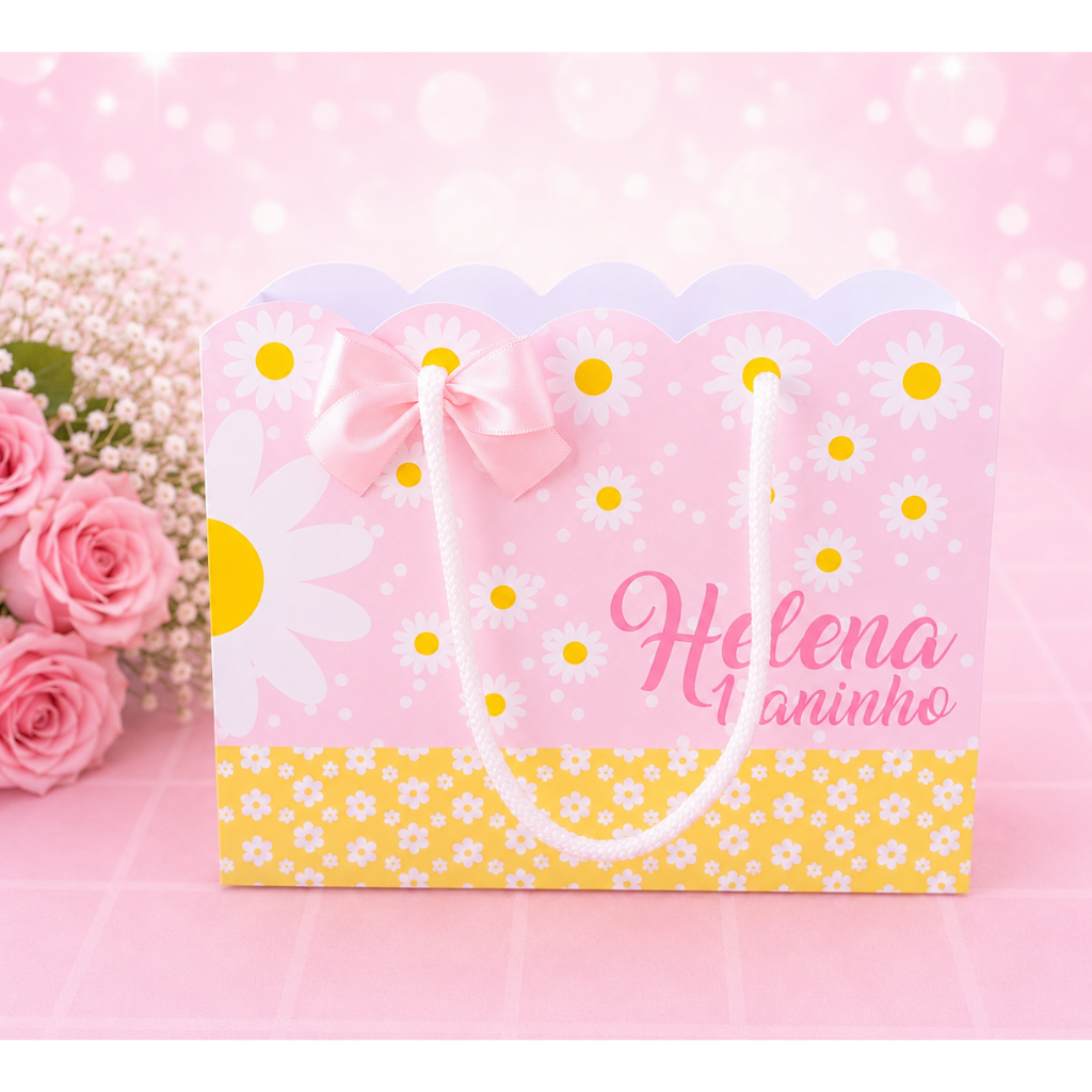 Sacolinha personalizada Margaridas Rosa lembrancinha kit festa caixinhas aniversário Papelaria Personalizada