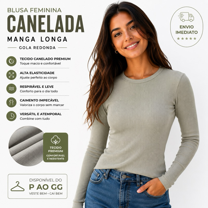 Blusas De Frio Feminina Canelada Manga Longa Casual Gola Redonda Segunda Pele Básica Outono Inverno