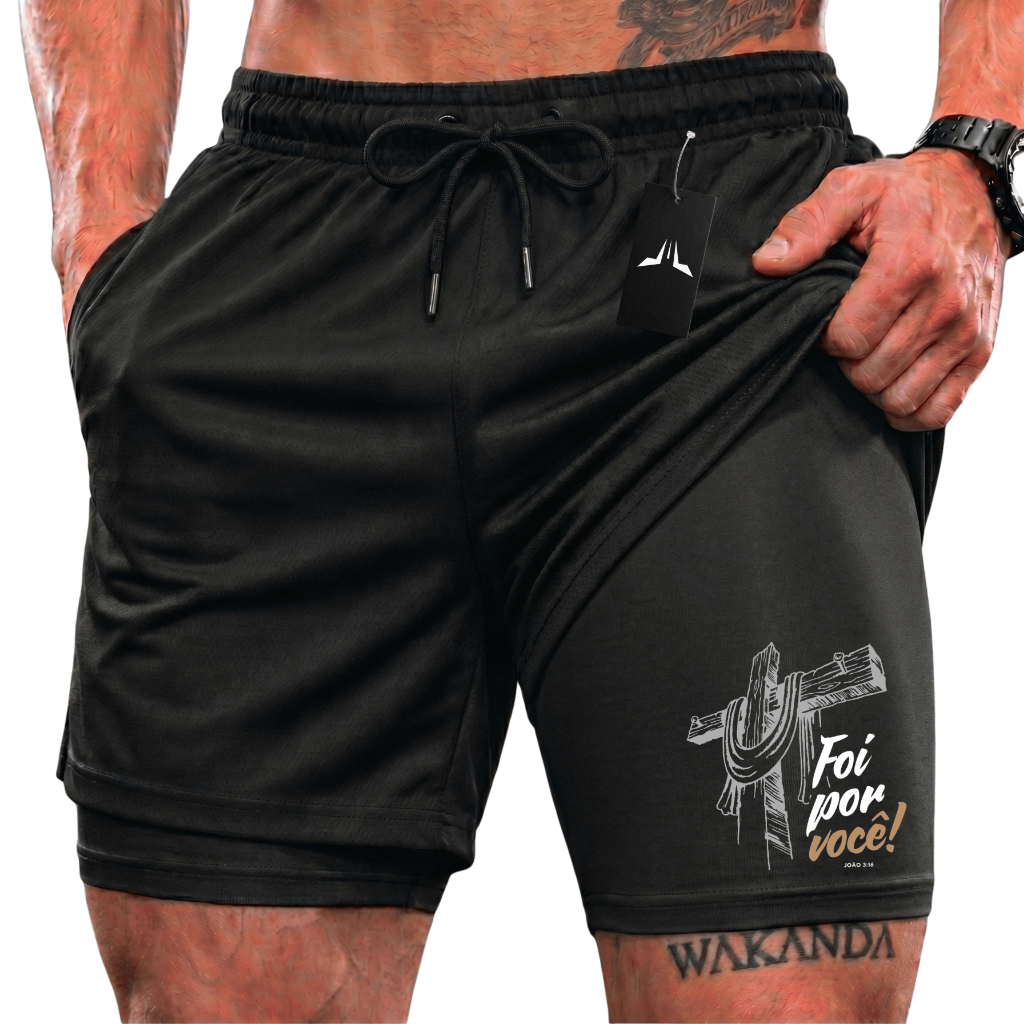 Bermuda Compressão Duplo Masculina 2 Em 1 Short Dry Fit Elastano Esporte Academia Fé03
