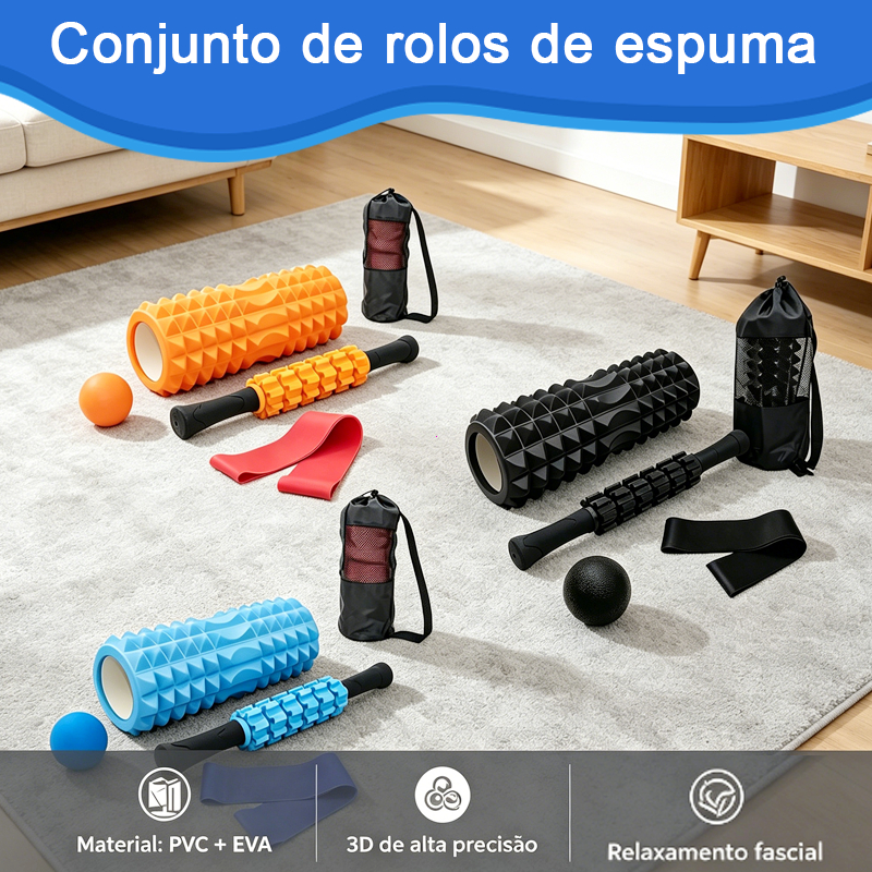 Kit 5 Itens Treino em Casa: Rolo de Massagem Bastão Miosfascial Bola Lacrosse Faixa Elástica Band Bolsa