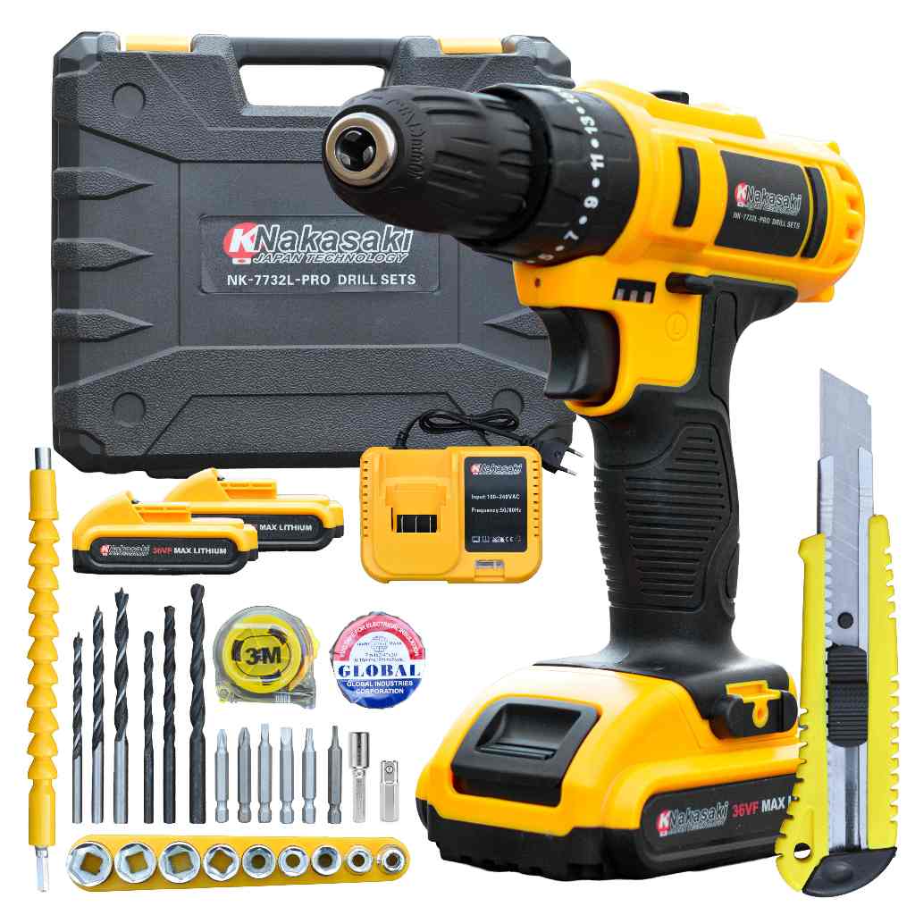 Kit 36v Knakasaki Parafusadeira Furadeira De Impacto 32 Acessorios Mandril 3/8"