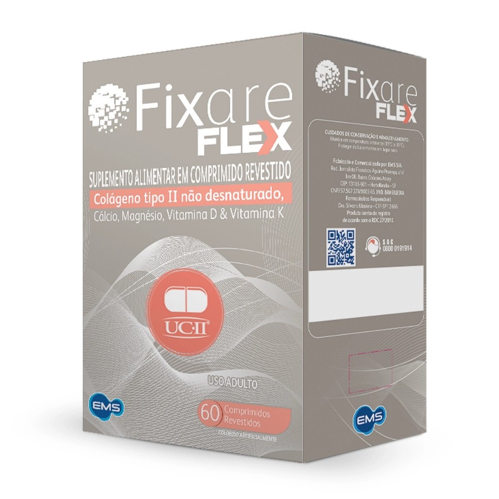 Fixare Flex 60 Comprimidos - Suplemento Alimentar com Colágeno Tipo II, Cálcio e Magnésio