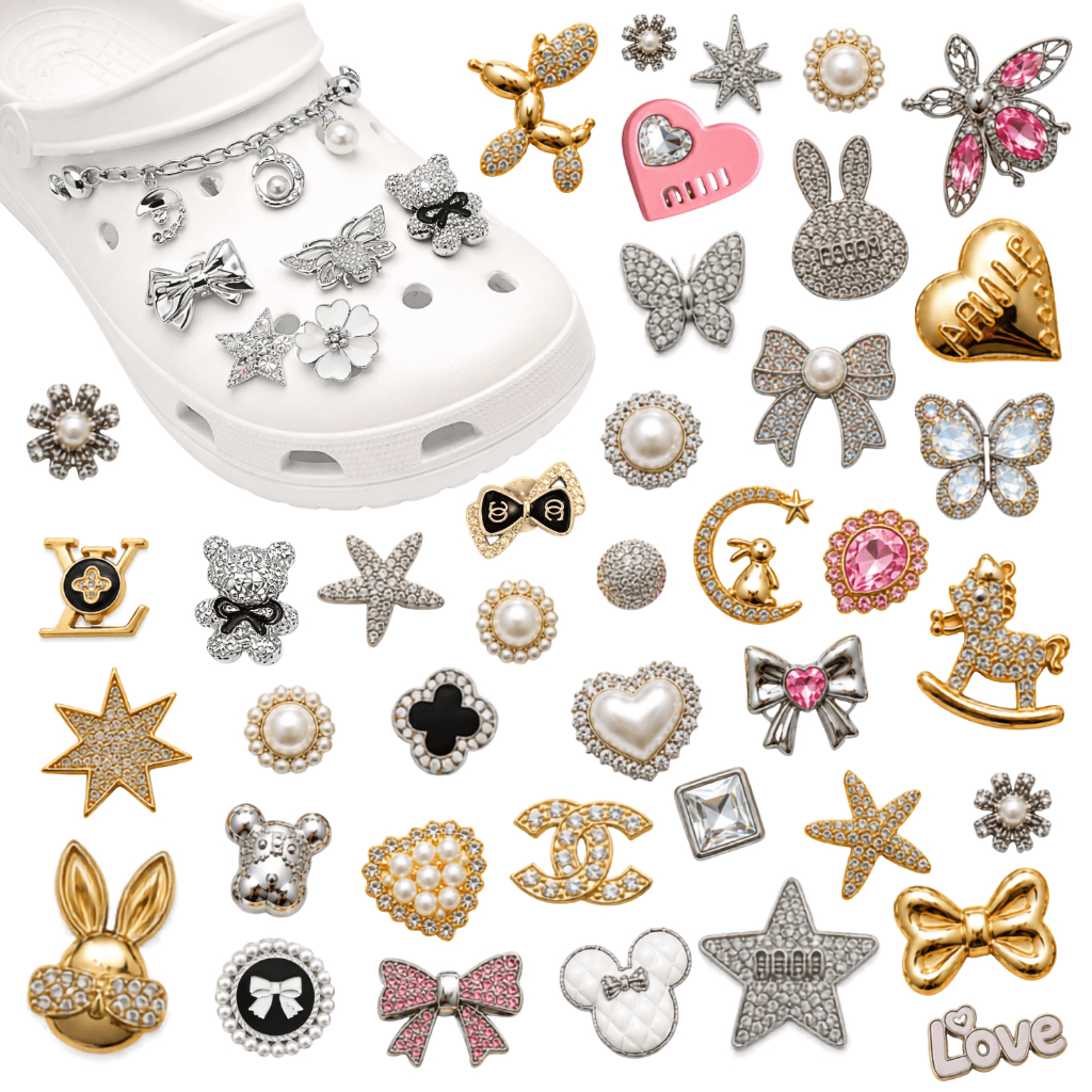 Kit 6 Charm Botton Pin Crock Strass Sandália Feminino Sapato Metalizado Babuches Pingentes Plásticos