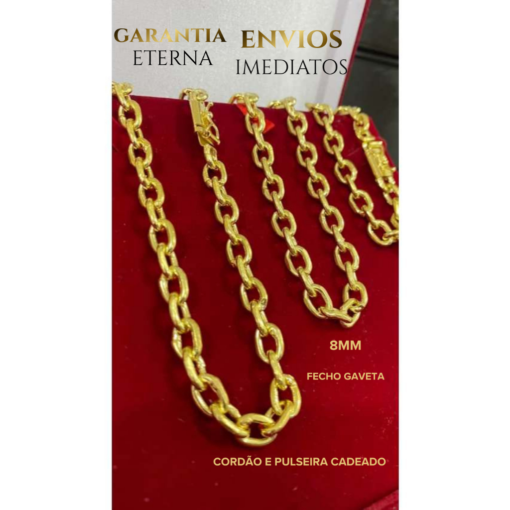 Cordão cadeado 8mm 70cm + pulseira 21cm 100% moeda antiga idêntico a ouro 18k luxo