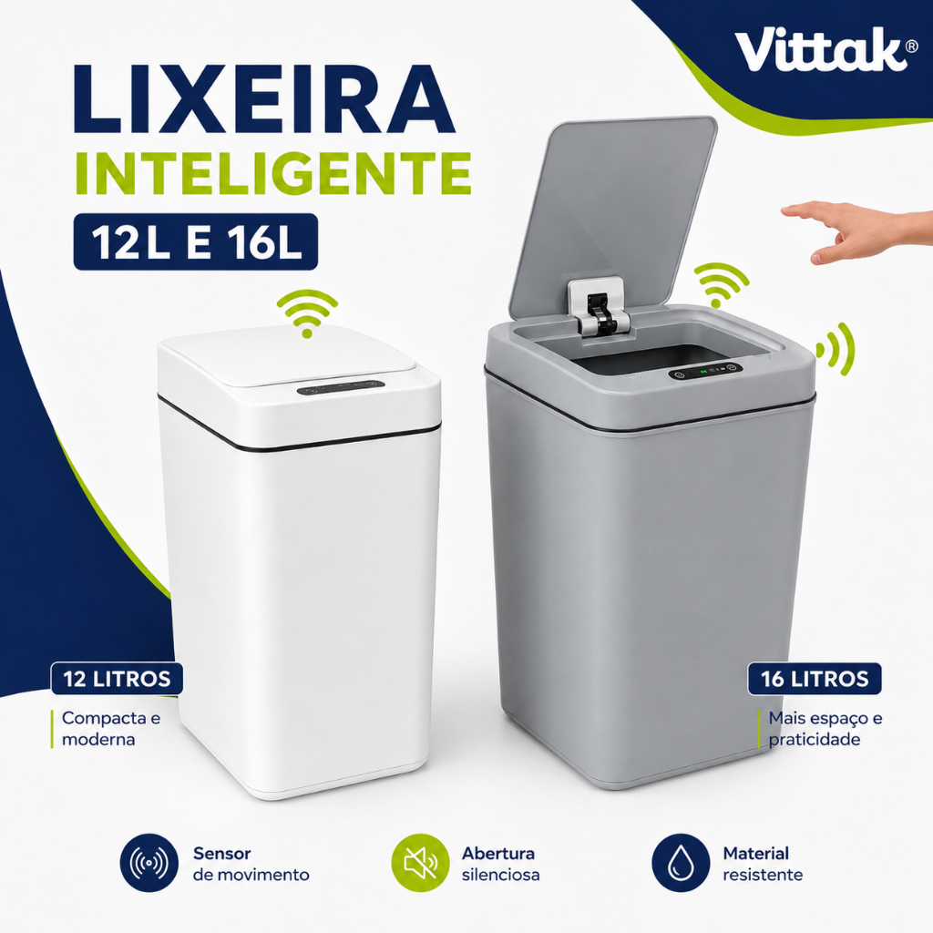 Vittak Lixeira Inteligente Com Sensor Automático 12 Litros Branca e 16 Litros Cinza Abertura Sem Toque Tampa Silenciosa