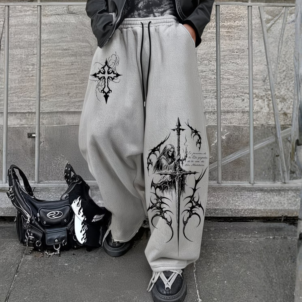 Calça Moletom Gothic Grunge Oversized Calça Baggy Estampa Cruz Tribal Cross Grunge