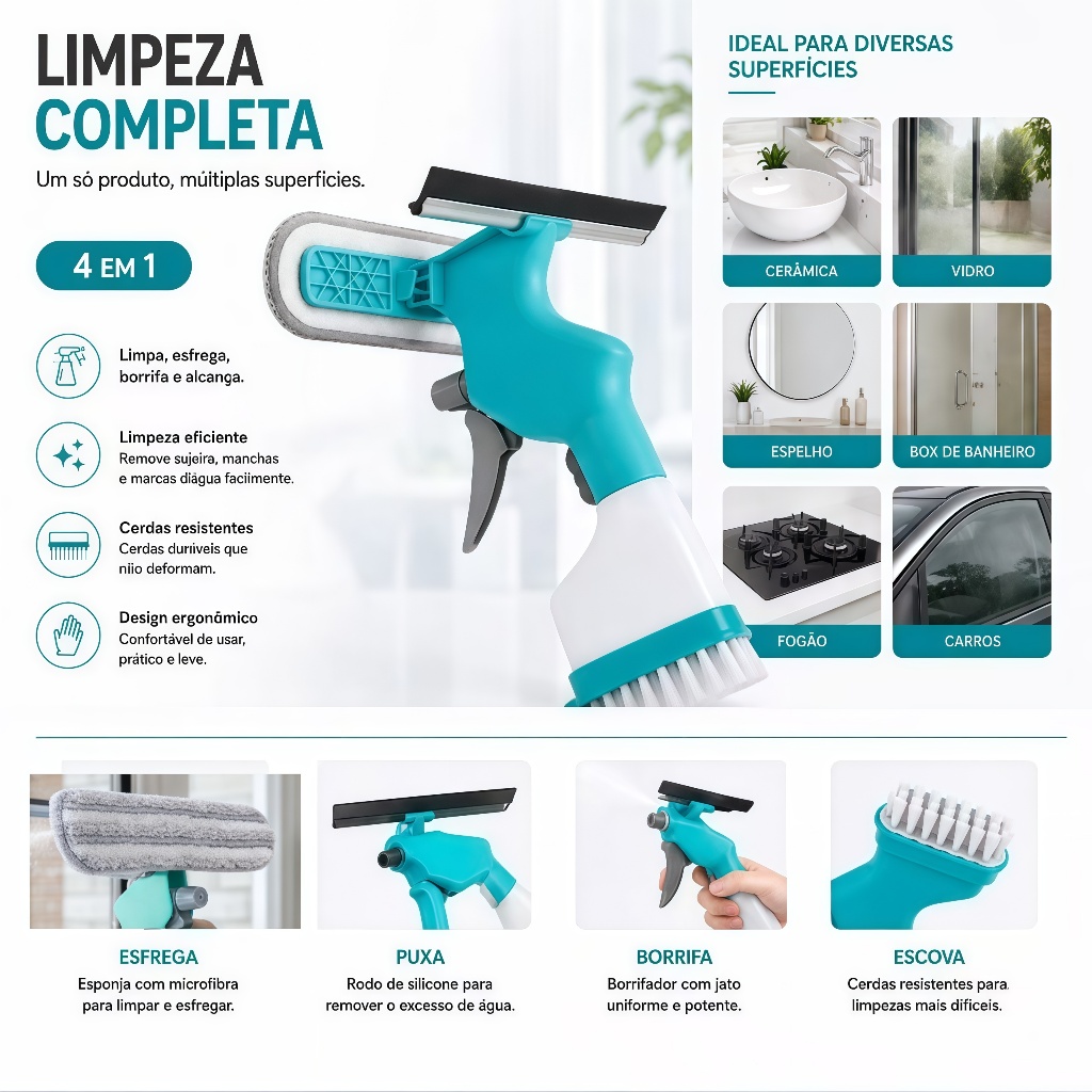 Rodo Spray Mop com Escova  Multiuso – Limpa Vidro, Azulejo e Janela com Escova Reservatório 250ml – Envio Imediato