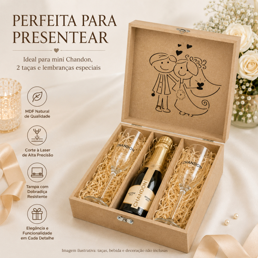 Caixa organizadora com tampa - Noivinhos porta Vinho, dobradiça e Fecho de Metal 25x23x9 MDF Cru