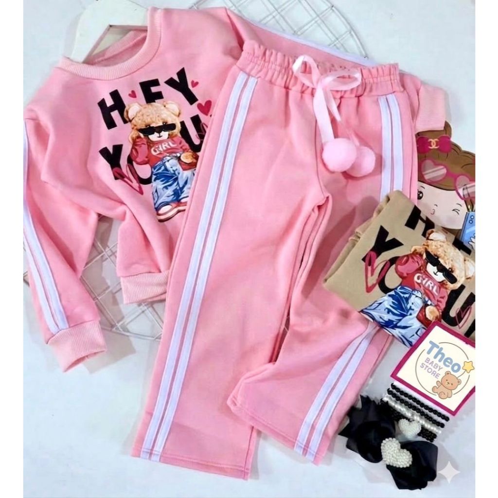 Conjunto Moletom Infantil Flanelado Blogueirinha Girl Power Blusa Ursinha + Calça PomPom Inverno Menina 2 A 8 Anos Frio
