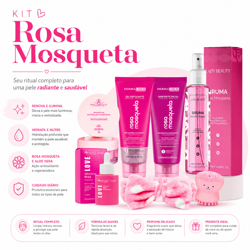 Kit rosa mosqueta skincare completo limpeza de pele pele renovada