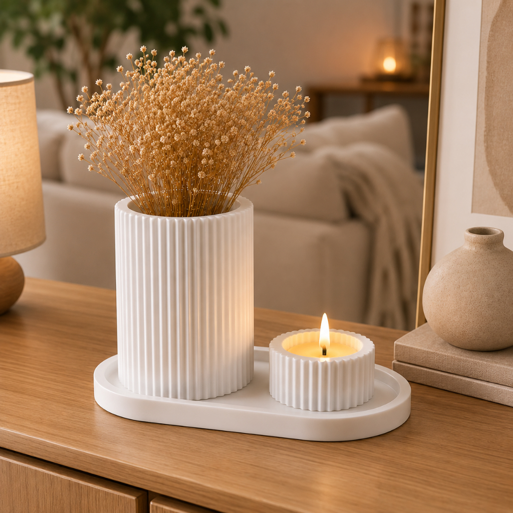 Kit Decorativo Bandeja Vaso E Porta Vela Para Sala Quarto Lavabo Aparador Decoração Moderna Elegante Minimalista