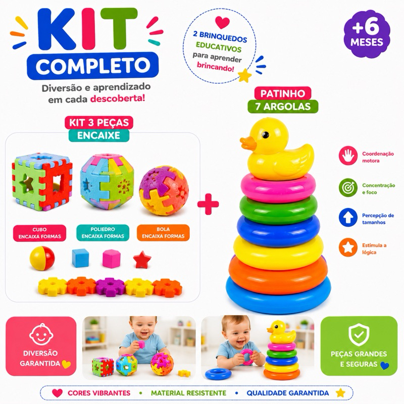 Kit 4 Brinquedos Educativo Bebê Montessori Sensorial Argolas Patinho + Cubo Didático Encaixe Formas
