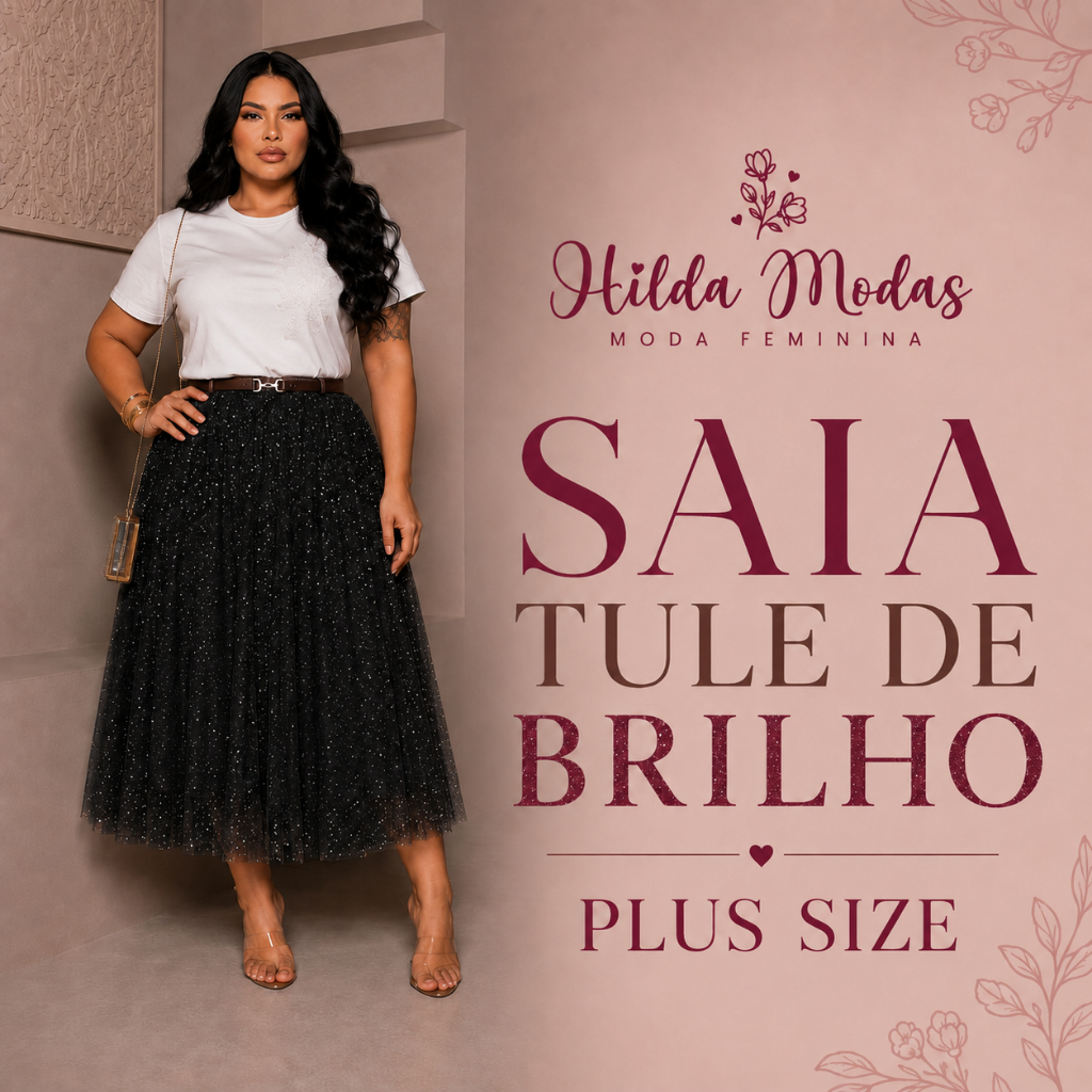 Saia PLUS SIZE G1, G2, G3, G4 Tule Cristal Midi Brilho Glitter forrada Moda evangélica Fardamento Festividade Congresso