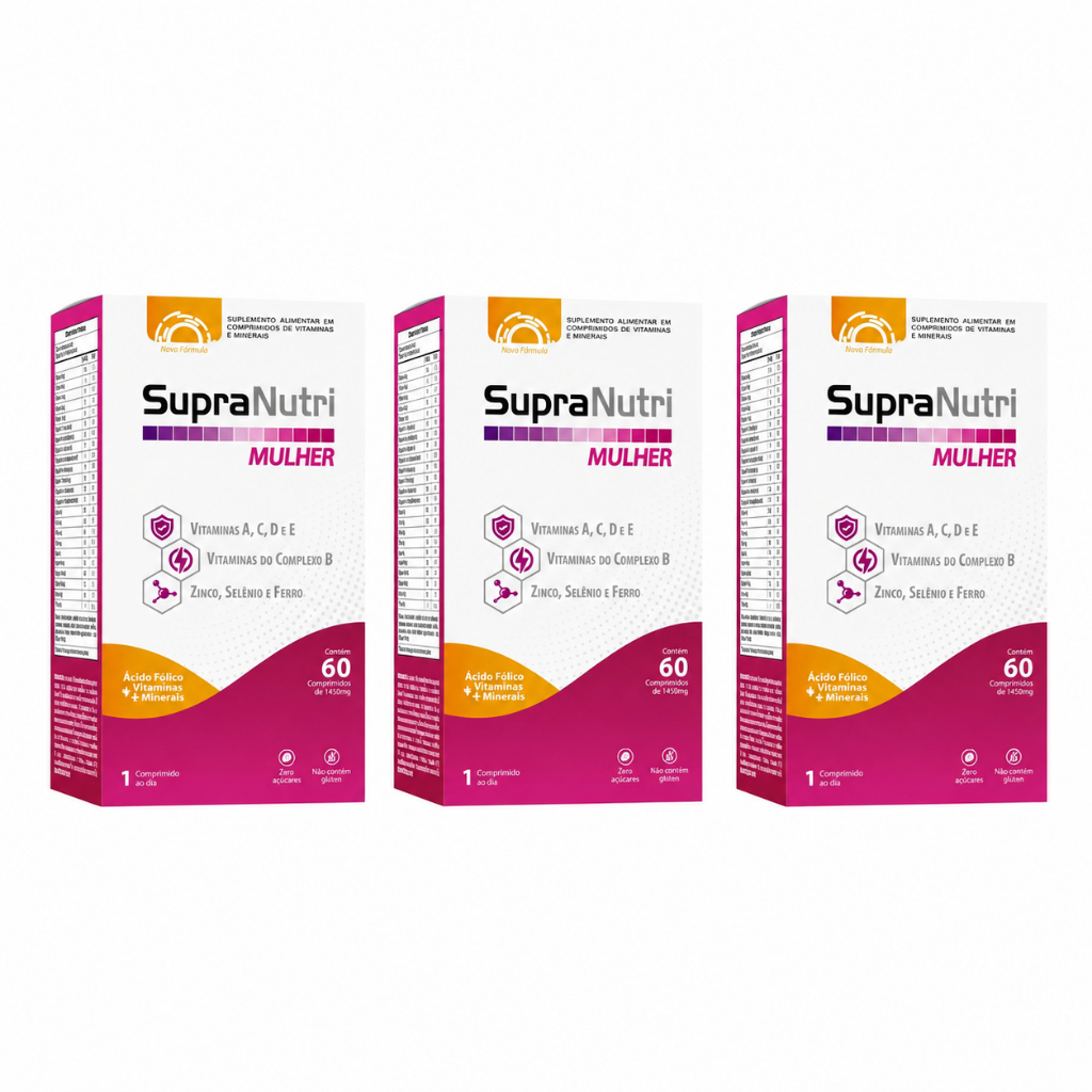 Kit 3 SupraNutri Mulher Multivitamínico Feminino com Ácido Fólico, Ferro, Zinco e Complexo B