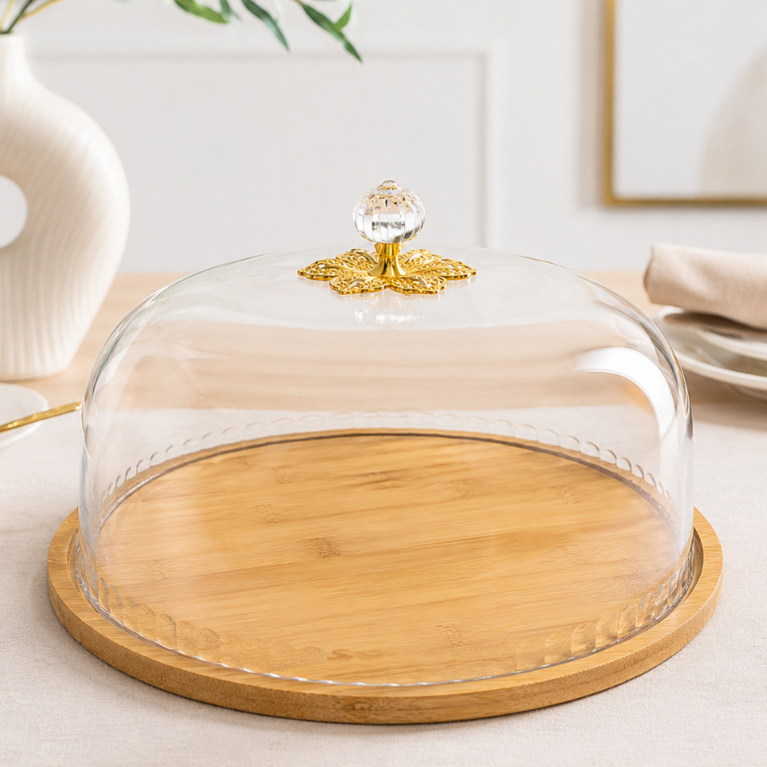 Boleira com Tampa Acrílica e Prato de Bambu Luxo Puxador Cristal Dourado porta bolo pudim tortas