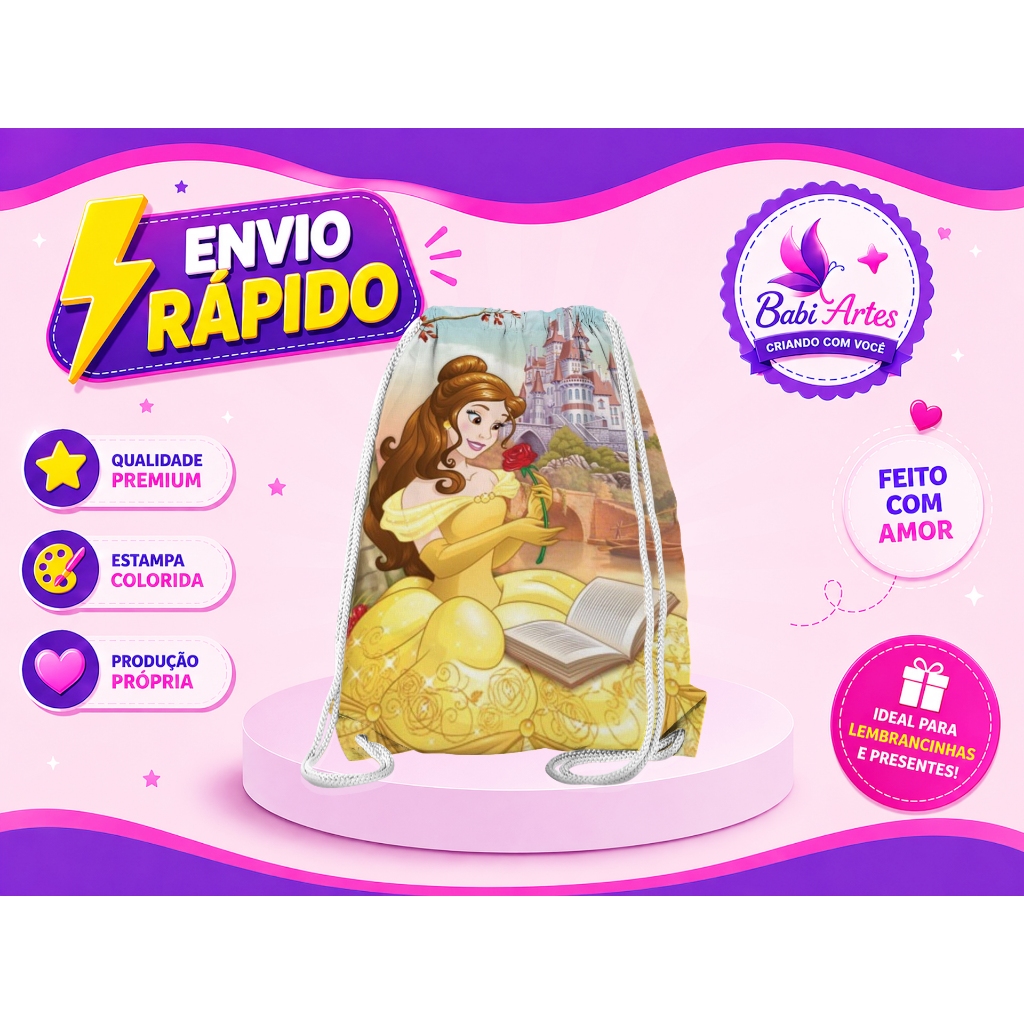 Mochilinha Saco Personalizada A Bela e a Fera Lembrancinha Festa Aniversário Saquinho Infantil Envio Rápido