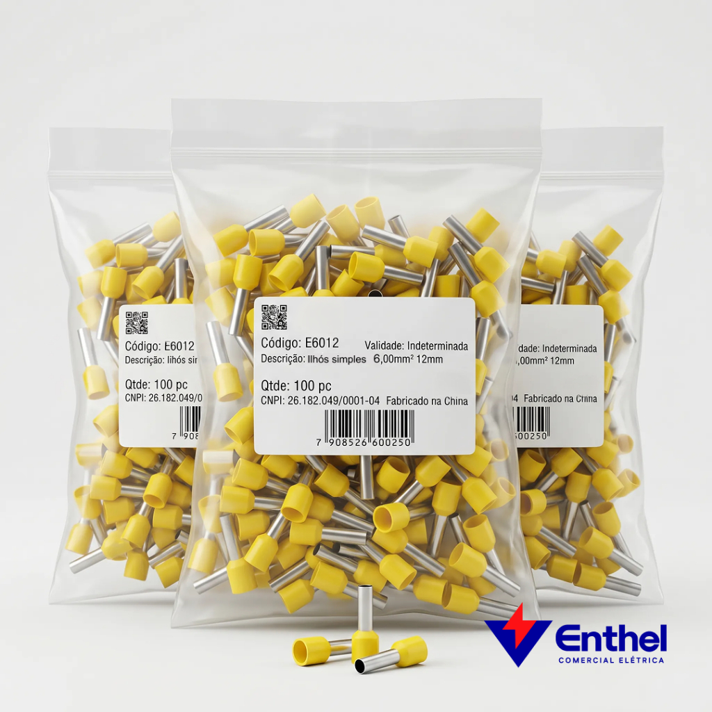 Kit 300 Terminais Tubulares Ilhós 6mm Simples P/ Cabos Elétricos
