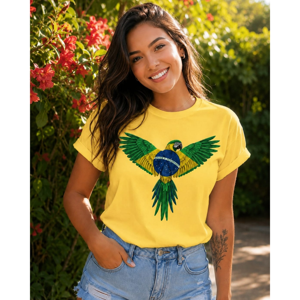 Camiseta Feminina Blusa Brasil Arara -T-shirt Copa do Mundo 2026