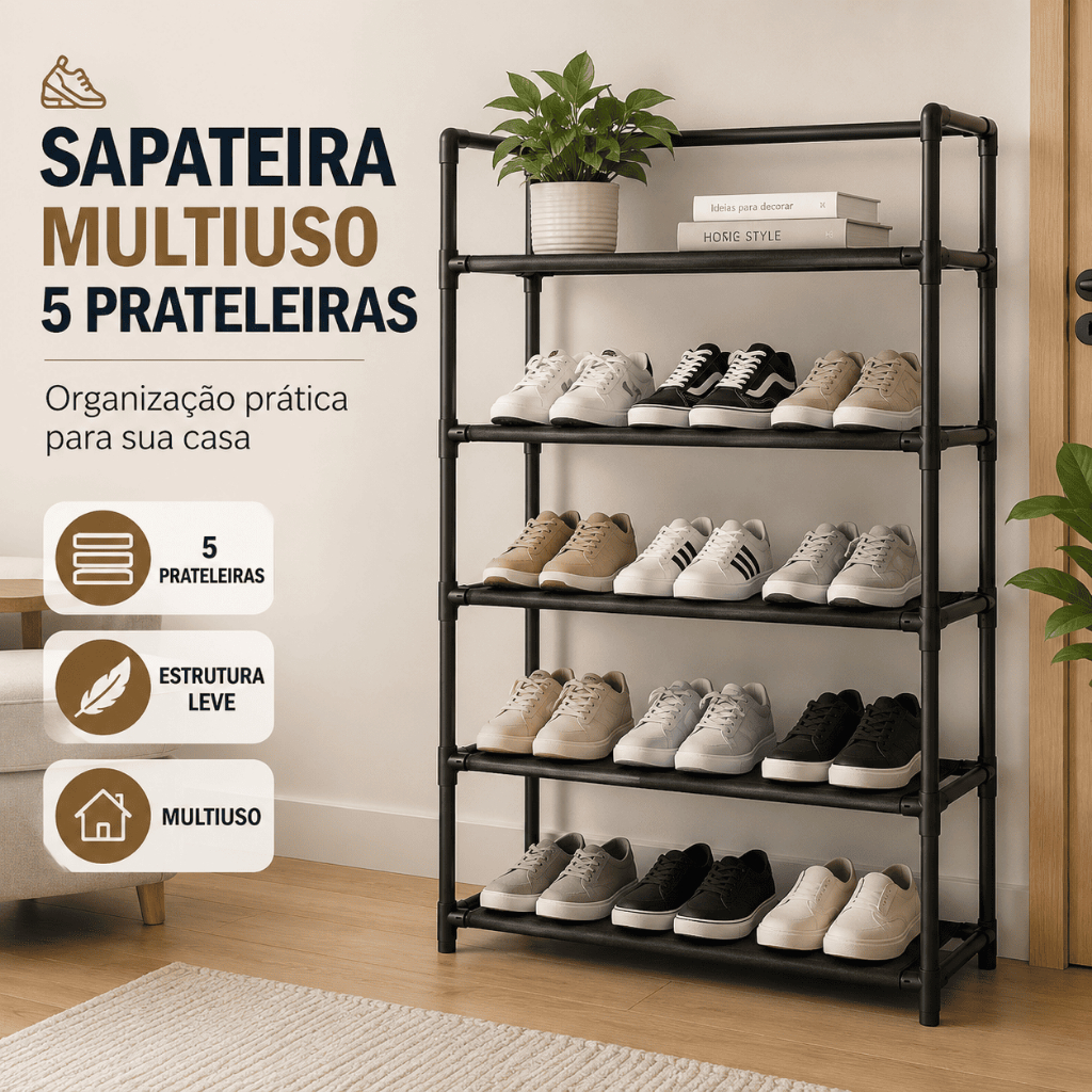 Estante Multiuso 5 Prateleiras Preta Organizador Sapateira Vertical Quarto Sala e Lavanderia