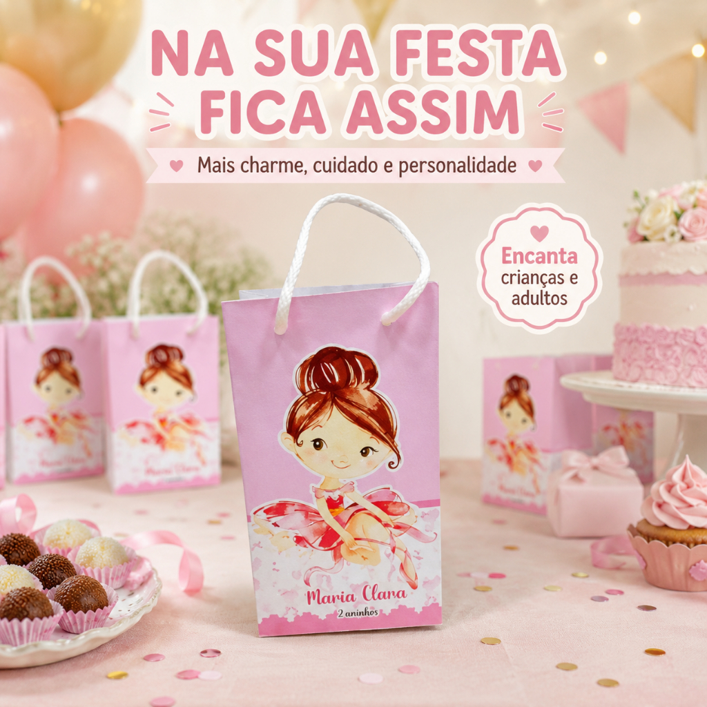 Sacolinha Personalizada Bailarina - com Nome e Idade para Festa Infantil