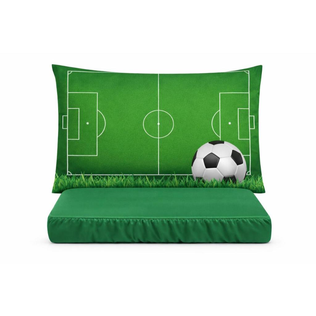 Lençol Teen Infantil Personalizado com Design de Campo de Futebol e Bola Verde e Preto