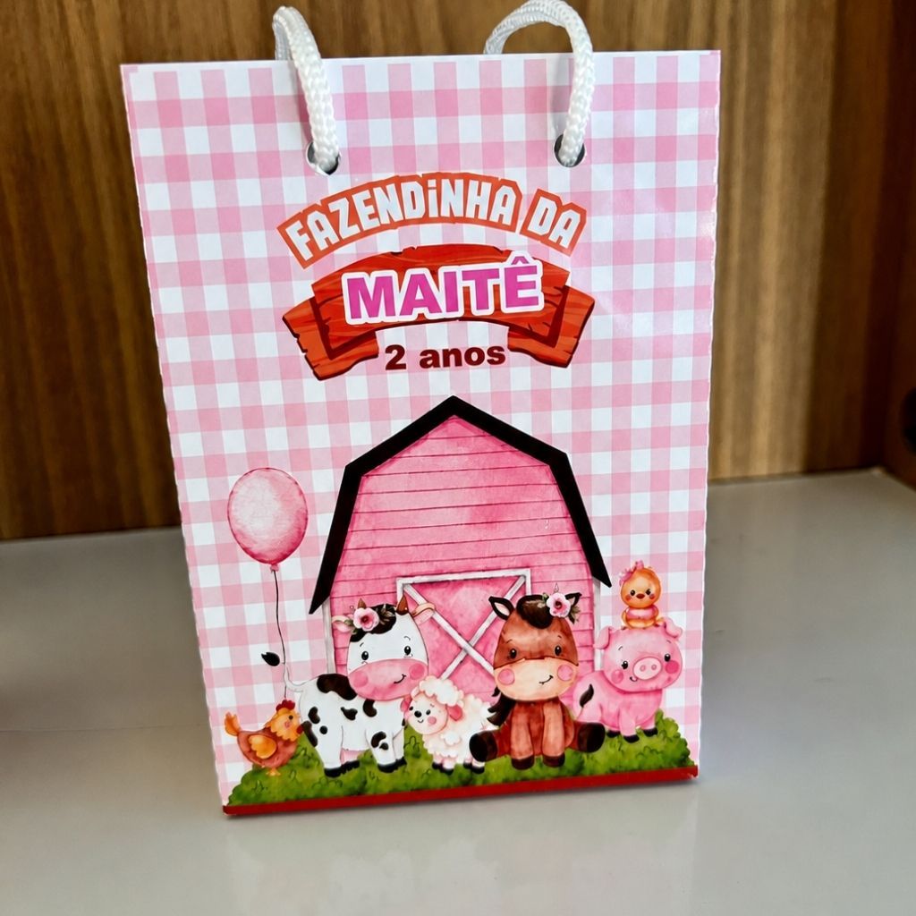 Sacolinha personalizada Fazendinha Rosa PEGUE E MONTE | lembrancinhas mimos