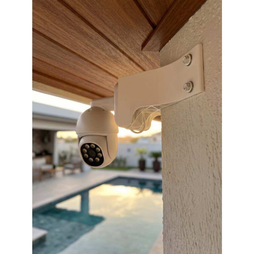 Detalhes do Suporte de parede branco reforçado para instalação profissional de câmeras de segurança externas.
