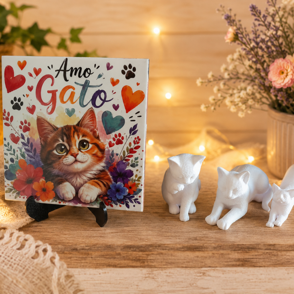 Kit Decorativo Amo Gato 15x15cm + 3 Gatinhos 3D Impressão Decoração Fofa para Casa, Mesa e Presente